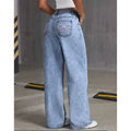 Pantalones vaqueros de pierna ancha con cintura alta, lazo bordado, bolsillo, estilo casual.