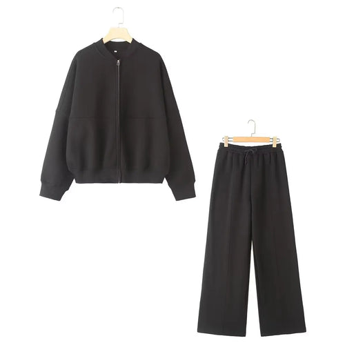 Chaqueta bomber retro de dos piezas con cremallera y pantalones anchos de cintura alta con cordones para mujer.