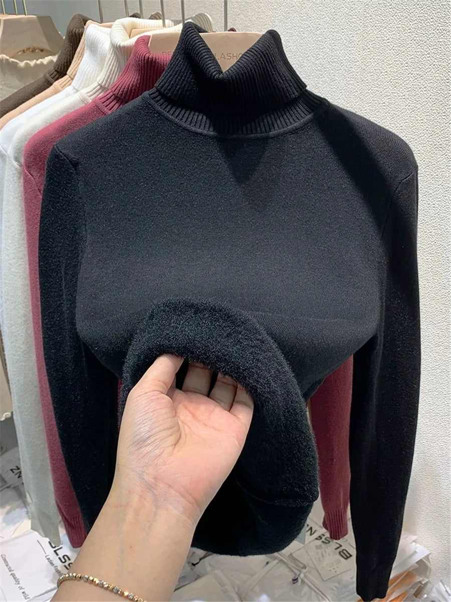 Suéter de invierno de cuello alto para mujer, elegante, grueso, forrado de terciopelo, cálido.