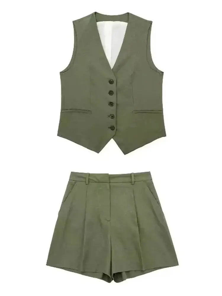 Conjunto elegante de 2 piezas para mujer: chaleco con cuello en V y botones, shorts ajustados, ideal para el verano, la oficina o para uso diario.