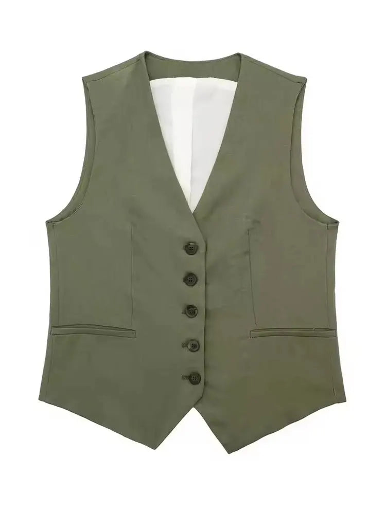 Conjunto elegante de 2 piezas para mujer: chaleco con cuello en V y botones, shorts ajustados, ideal para el verano, la oficina o para uso diario.