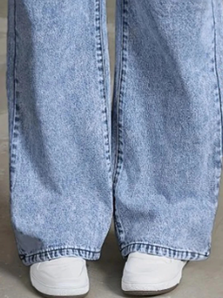Pantalones vaqueros de pierna ancha con cintura alta, lazo bordado, bolsillo, estilo casual.