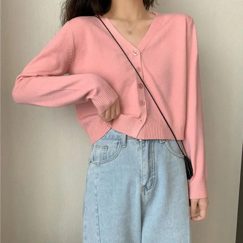Cárdigan corto de manga larga para mujer, cuello en V, abotonado, de punto, para otoño y primavera.