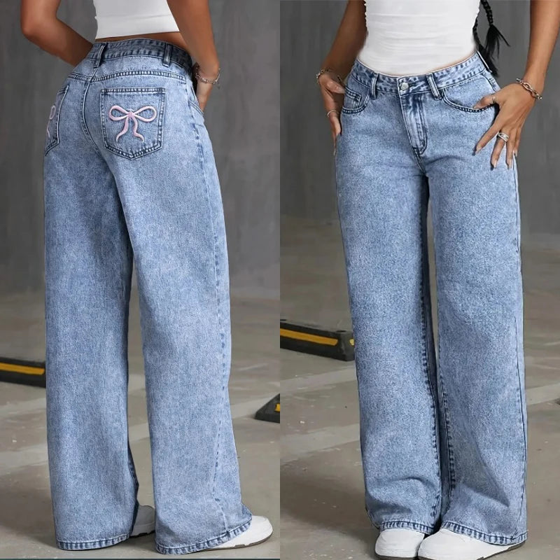 Pantalones vaqueros de pierna ancha con cintura alta, lazo bordado, bolsillo, estilo casual.