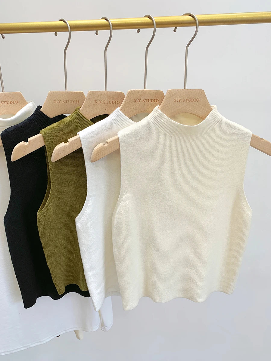 Suéter corto sin mangas de punto para mujer, jersey liso para primavera y otoño.