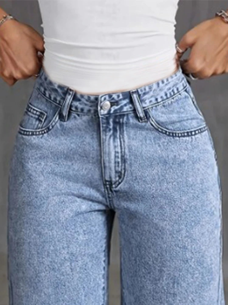 Pantalones vaqueros de pierna ancha con cintura alta, lazo bordado, bolsillo, estilo casual.