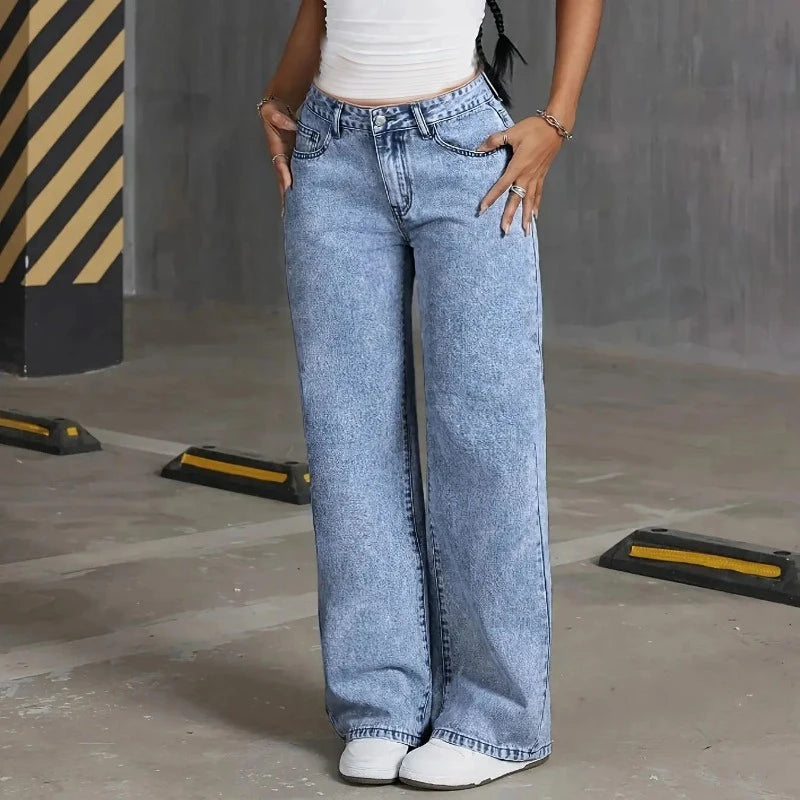 Pantalones vaqueros de pierna ancha con cintura alta, lazo bordado, bolsillo, estilo casual.
