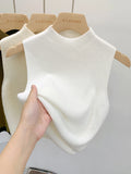 Suéter corto sin mangas de punto para mujer, jersey liso para primavera y otoño.