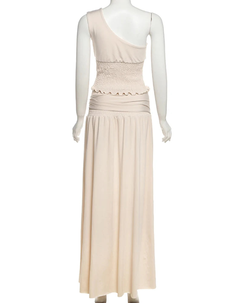 Conjunto elegante de 2 piezas Fruncido para mujer: top corto sin espalda con cuello asimétrico y falda con hebilla metálica. Conjunto a juego.