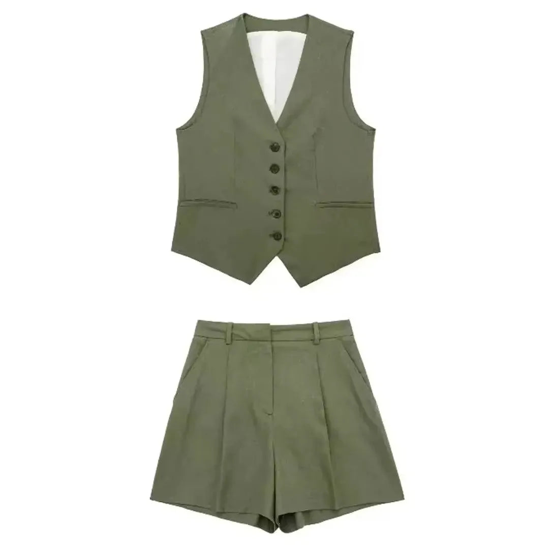 Conjunto elegante de 2 piezas para mujer: chaleco con cuello en V y botones, shorts ajustados, ideal para el verano, la oficina o para uso diario.