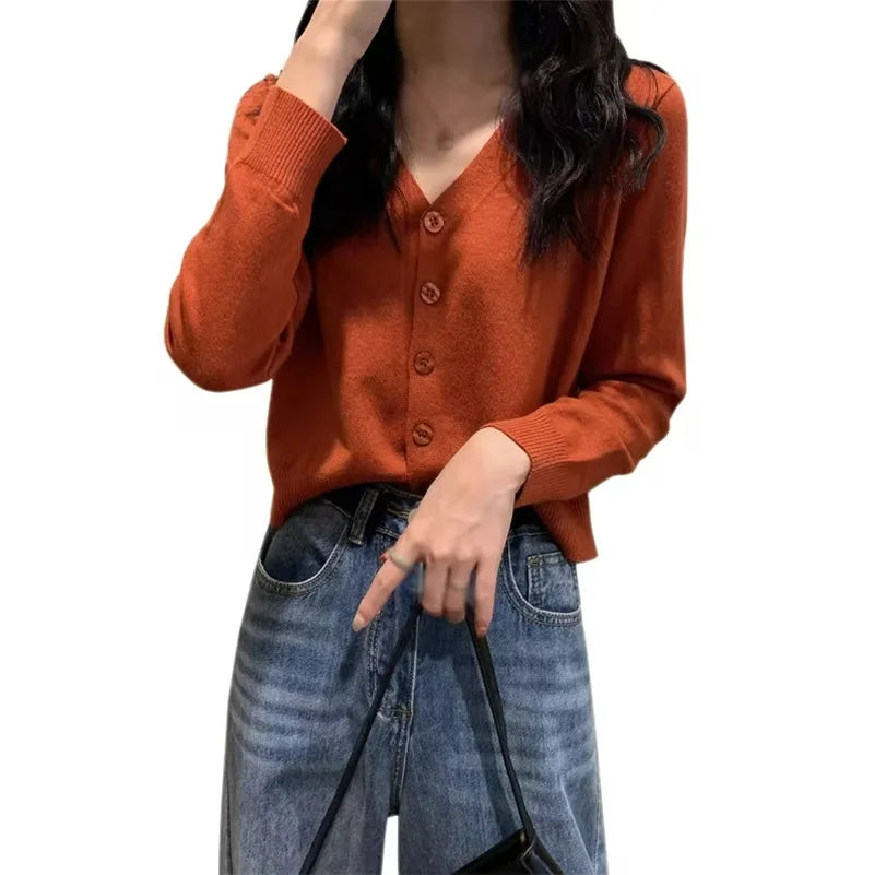 Cárdigan corto de manga larga para mujer, cuello en V, abotonado, de punto, para otoño y primavera.