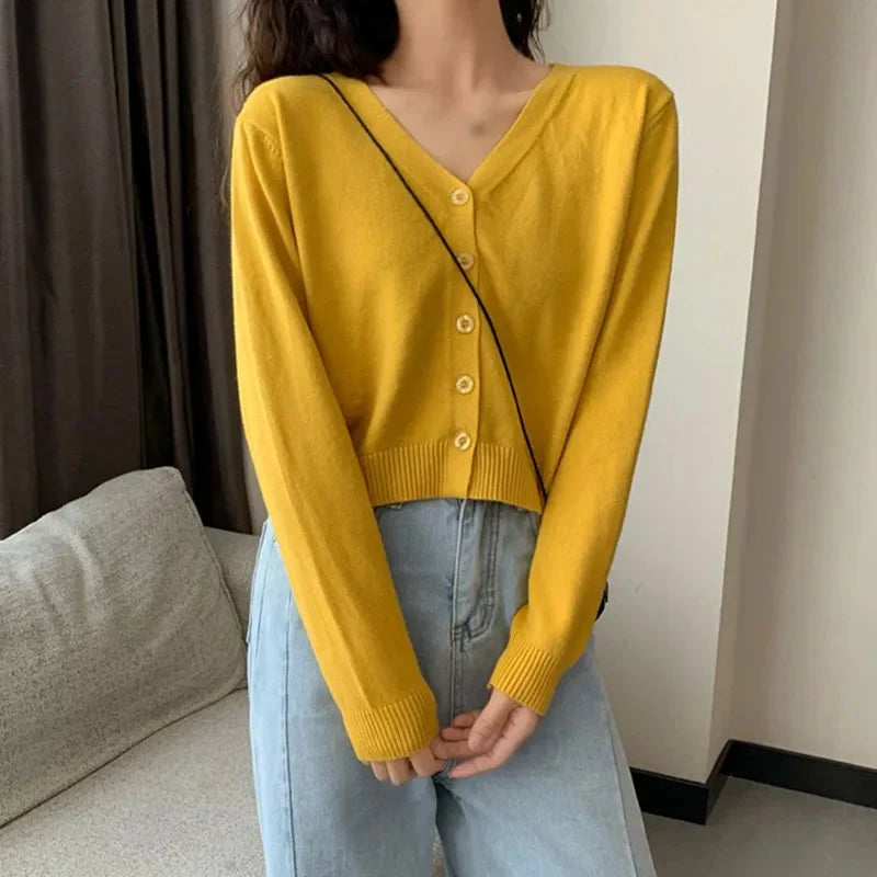 Cárdigan corto de manga larga para mujer, cuello en V, abotonado, de punto, para otoño y primavera.