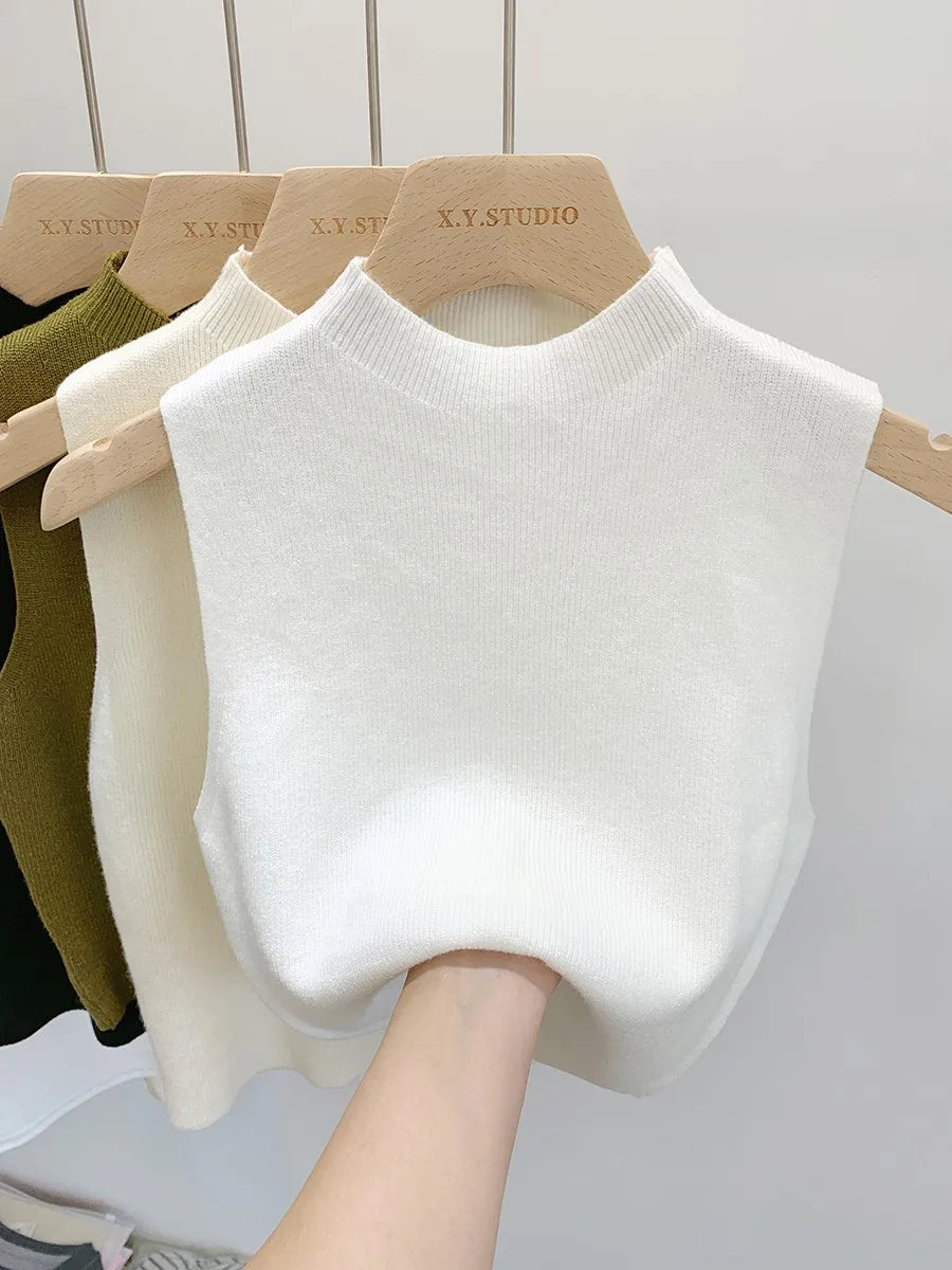 Suéter corto sin mangas de punto para mujer, jersey liso para primavera y otoño.