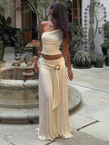 Conjunto elegante de 2 piezas Fruncido para mujer: top corto sin espalda con cuello asimétrico y falda con hebilla metálica. Conjunto a juego.
