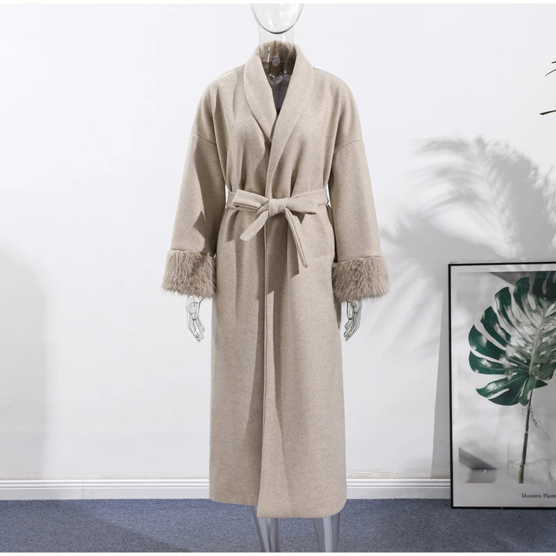Elegante abrigo largo de lana con cordones para mujer, solapa y mangas de lana.  Estilo urbano femenino