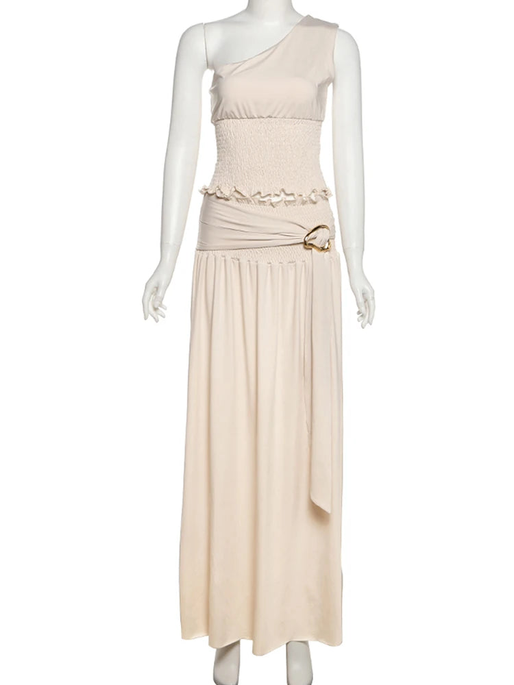 Conjunto elegante de 2 piezas Fruncido para mujer: top corto sin espalda con cuello asimétrico y falda con hebilla metálica. Conjunto a juego.