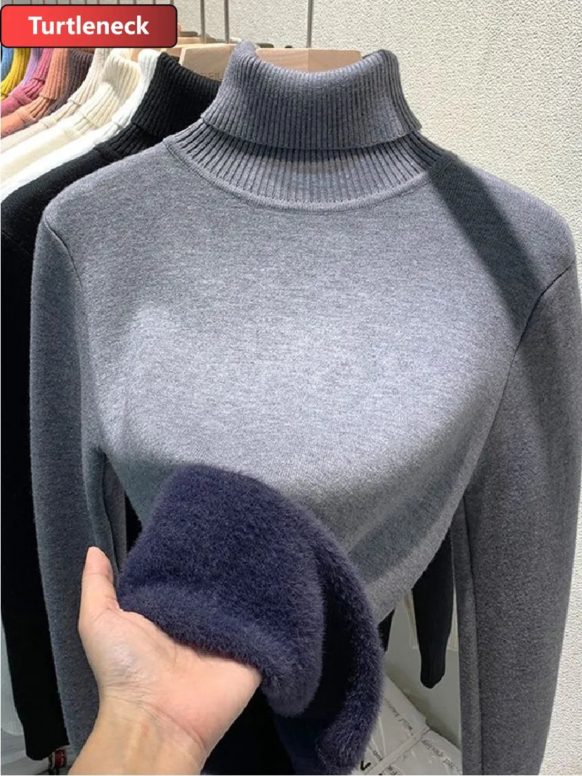 Suéter de invierno de cuello alto para mujer, elegante, grueso, forrado de terciopelo, cálido.