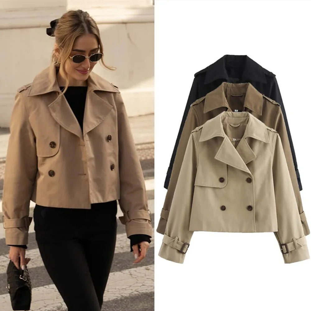 Chaqueta corta vintage para mujer, estilo urbano, doble botonadura, manga larga, abrigo elegante para mujer